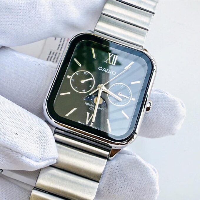 montre homme casio – phases de lune, acier inoxydable, affichage analogique, étanche – argenté – mtp m305d 1a2v