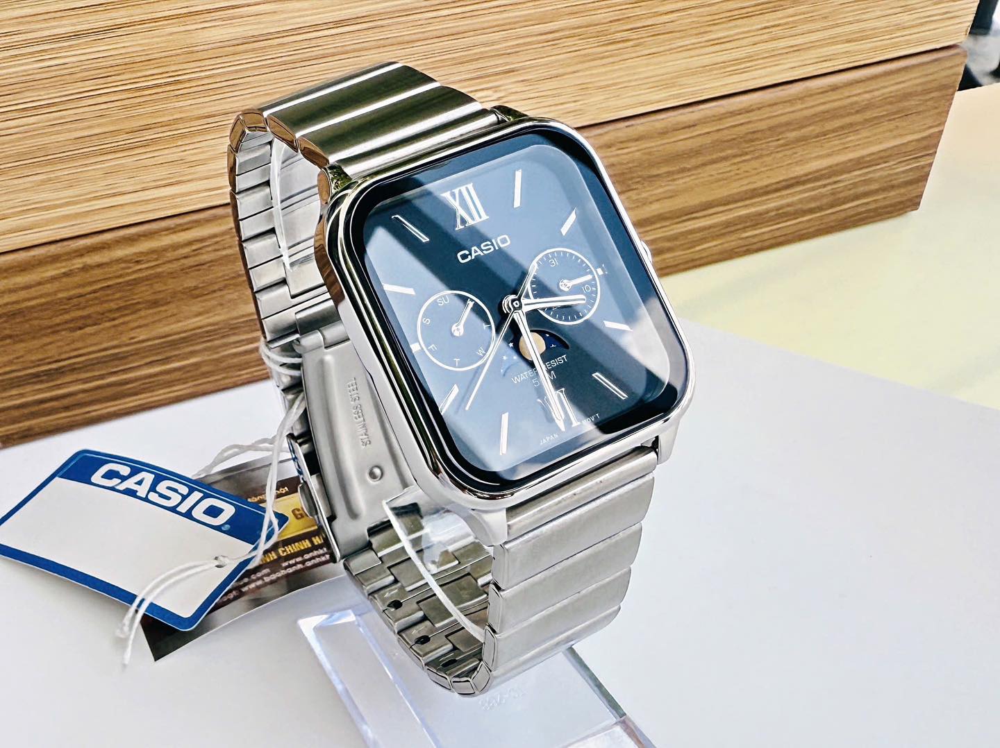 montre homme casio – phases de lune, acier inoxydable, affichage analogique, étanche – argenté – mtp m305d 1a2v