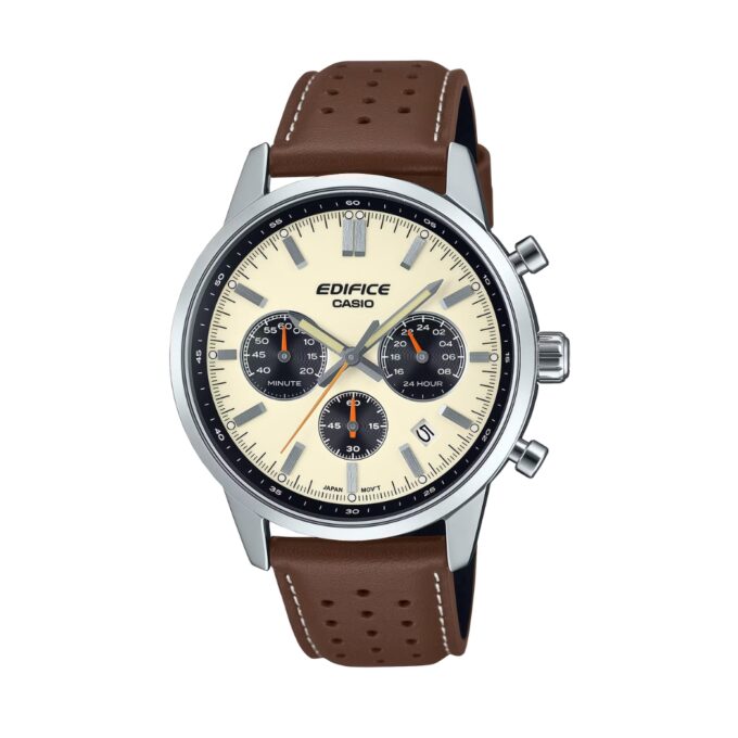 Montre Homme Casio Edifice – Quartz, Cadran Crème, Boîtier 40,5mm, Bracelet Cuir Beige - EFR-575L-7ADF