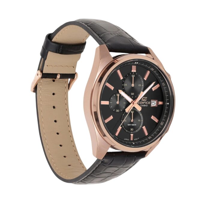 Montre Chronographe Homme - Casio Edifice - Boîtier or rose, Cadran Noir, Bracelet Cuir - Style élégant - Référence EFV-610ECL-1A