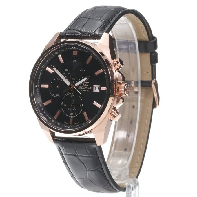 Montre Chronographe Homme - Casio Edifice - Boîtier or rose, Cadran Noir, Bracelet Cuir - Style élégant - Référence EFV-610ECL-1A