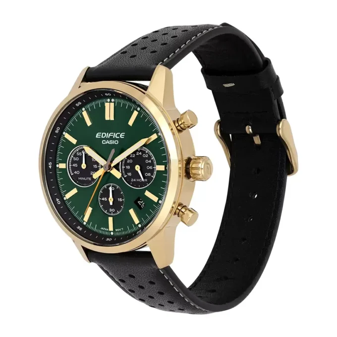 Montre homme EFR-575CL-3ADF Casio – Chronomètre, étanche 100m, boîtier acier inoxydable plaqué or, bracelet cuir, verre minéral sphérique – Vert – Référence EFR-575CL-3ADF