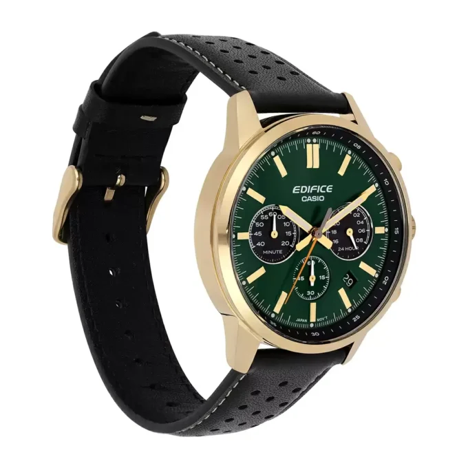 Montre homme EFR-575CL-3ADF Casio – Chronomètre, étanche 100m, boîtier acier inoxydable plaqué or, bracelet cuir, verre minéral sphérique – Vert – Référence EFR-575CL-3ADF
