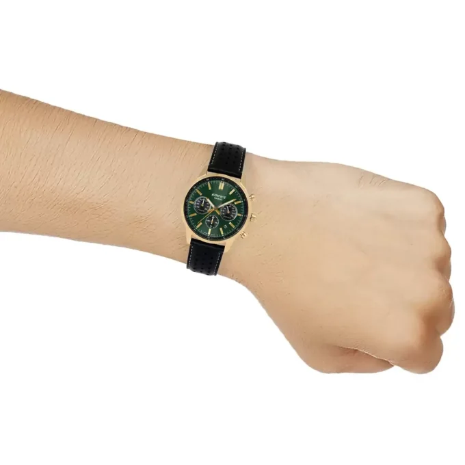 Montre homme EFR-575CL-3ADF Casio – Chronomètre, étanche 100m, boîtier acier inoxydable plaqué or, bracelet cuir, verre minéral sphérique – Vert – Référence EFR-575CL-3ADF