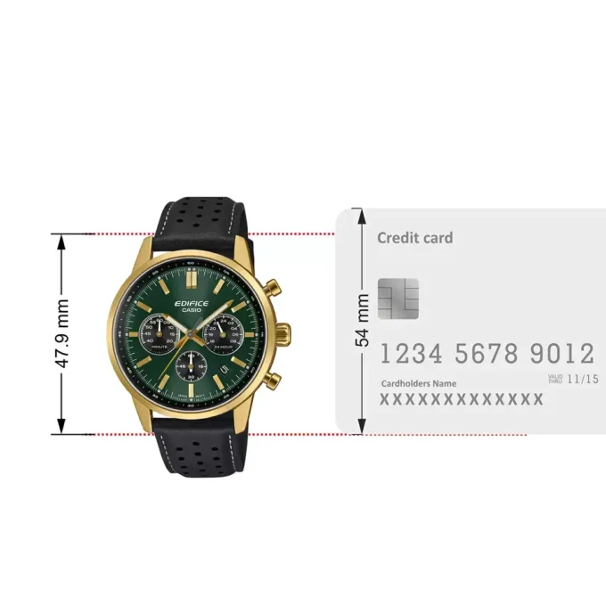 Montre homme EFR-575CL-3ADF Casio – Chronomètre, étanche 100m, boîtier acier inoxydable plaqué or, bracelet cuir, verre minéral sphérique – Vert – Référence EFR-575CL-3ADF
