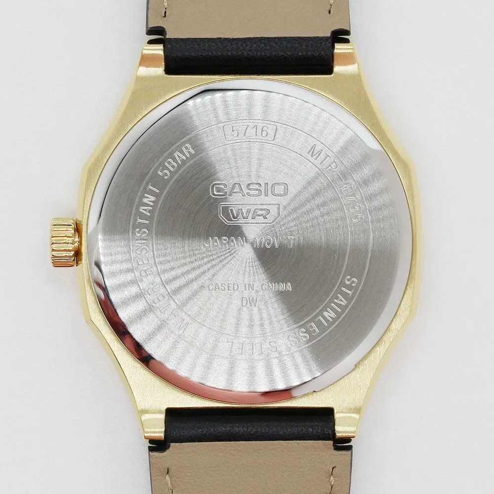 montre analogique homme casio standard quartz, cadran noir, bracelet cuir, étanche, design classique matière cuir couleur noir réf. mtp e735gl 1av