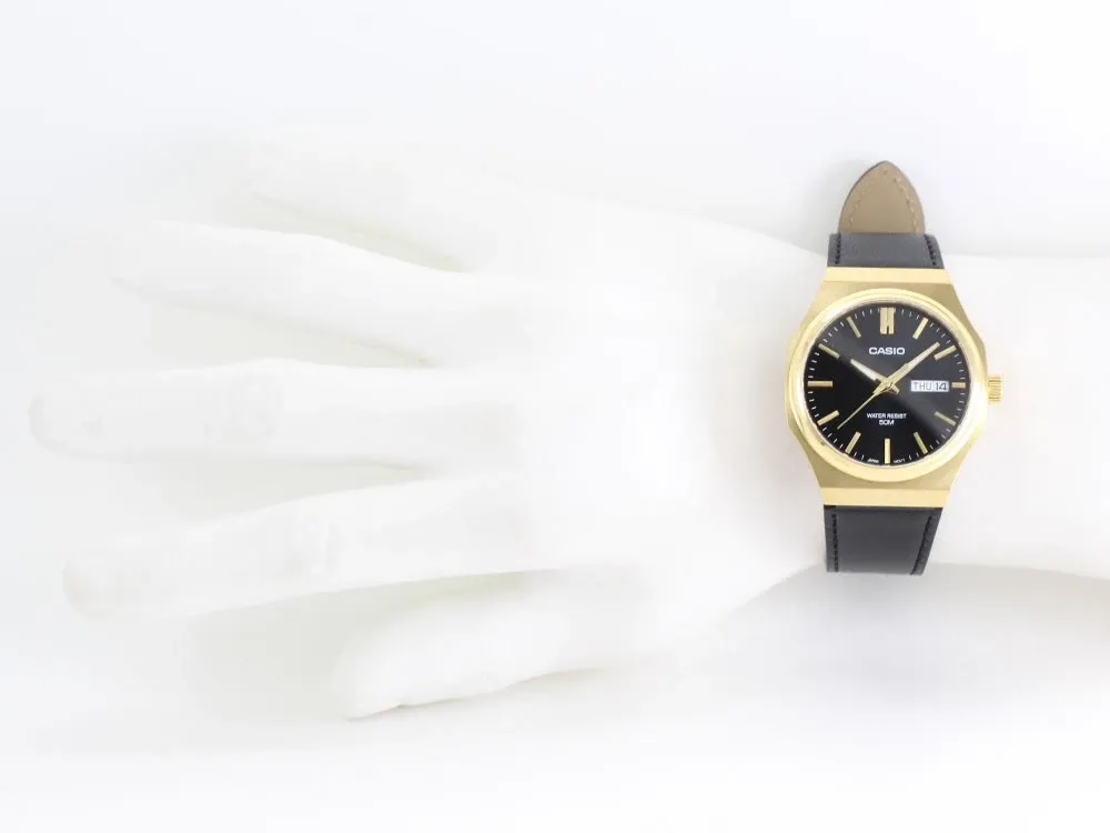 montre analogique homme casio standard quartz, cadran noir, bracelet cuir, étanche, design classique matière cuir couleur noir réf. mtp e735gl 1av