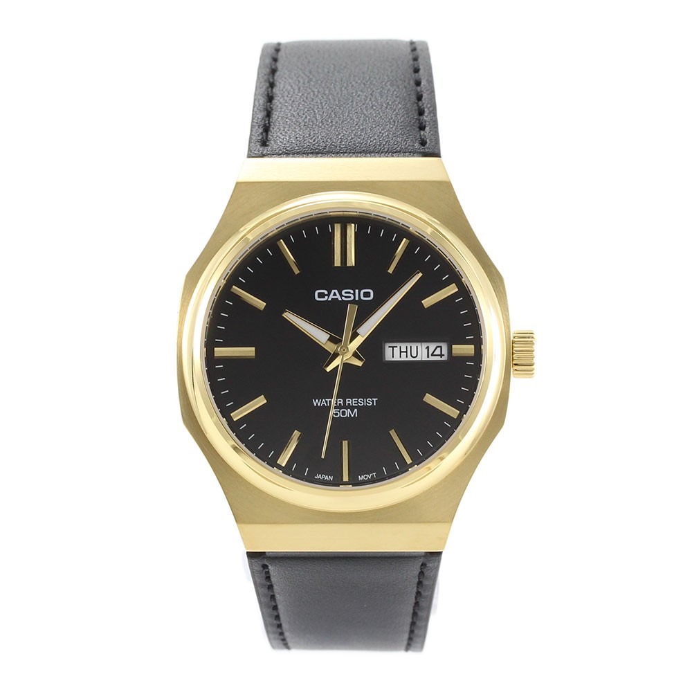 montre analogique homme casio standard quartz, cadran noir, bracelet cuir, étanche, design classique matière cuir couleur noir réf. mtp e735gl 1av