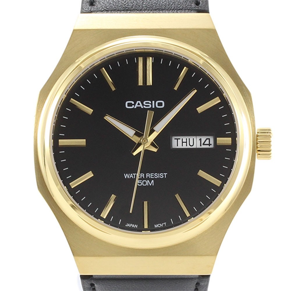montre analogique homme casio standard quartz, cadran noir, bracelet cuir, étanche, design classique matière cuir couleur noir réf. mtp e735gl 1av