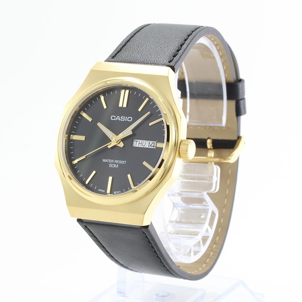 montre analogique homme casio standard quartz, cadran noir, bracelet cuir, étanche, design classique matière cuir couleur noir réf. mtp e735gl 1av