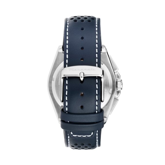 Montre Maserati Homme - Chronomètre - 1/1 seconde, 30 minutes - Calendrier - 43mm Étanche 100m - Cadran Bleu Bracelet Cuir - R8871652001