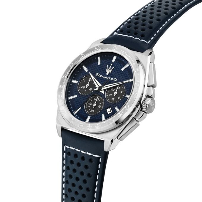 Montre Maserati Homme - Chronomètre - 1/1 seconde, 30 minutes - Calendrier - 43mm Étanche 100m - Cadran Bleu Bracelet Cuir - R8871652001