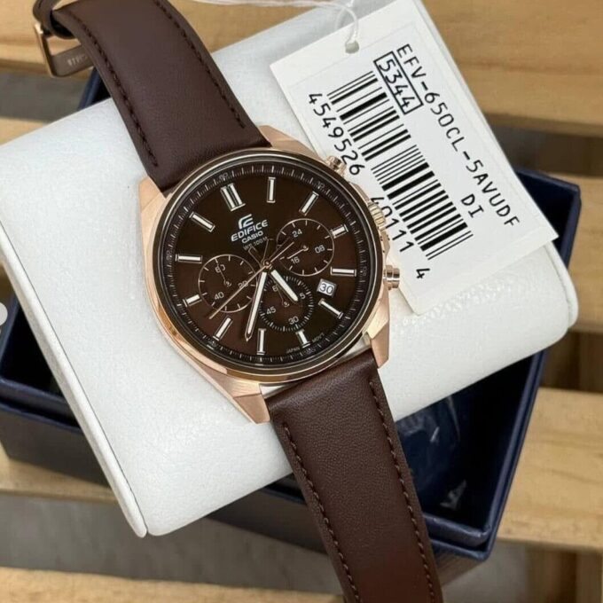 Montre Classique Homme EFV-650CL-5AVUDF - Casio - Chronomètre, Étanchéité 100m, Bracelet cuir véritable, Boîtier acier inoxydable - Plaqué or rose - Ref. EFV-650CL-5AVUDF