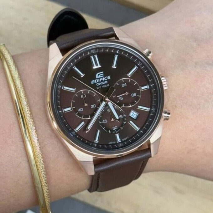 Montre Classique Homme EFV-650CL-5AVUDF - Casio - Chronomètre, Étanchéité 100m, Bracelet cuir véritable, Boîtier acier inoxydable - Plaqué or rose - Ref. EFV-650CL-5AVUDF