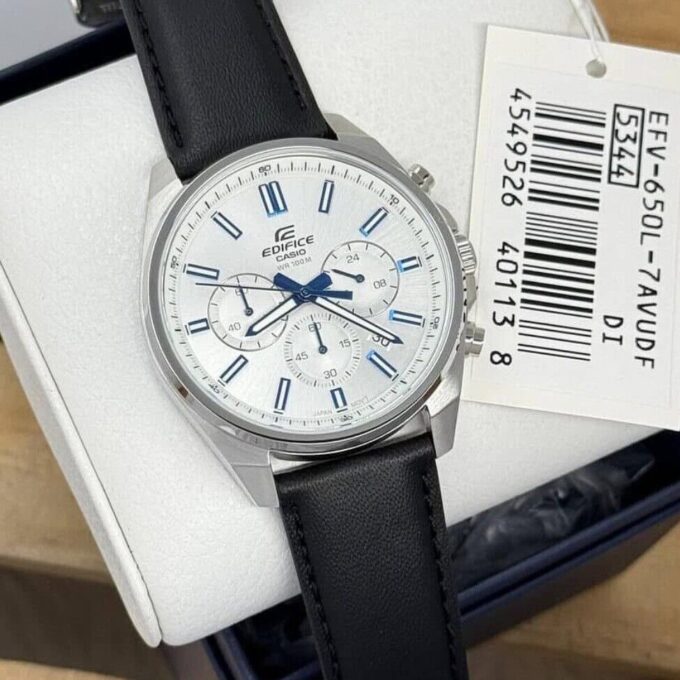 Montre Classique EFV-650L-7AVUDF - Casio EDIFICE - Acier Inoxydable, Bracelet Cuir, Verre Minéral, Résistance à l’Eau 100 m, Autonomie 2 ans, Chronographe, Affichage Date, Fermoir Triple Sécurité, Référence EFV-650L-7AVUDF