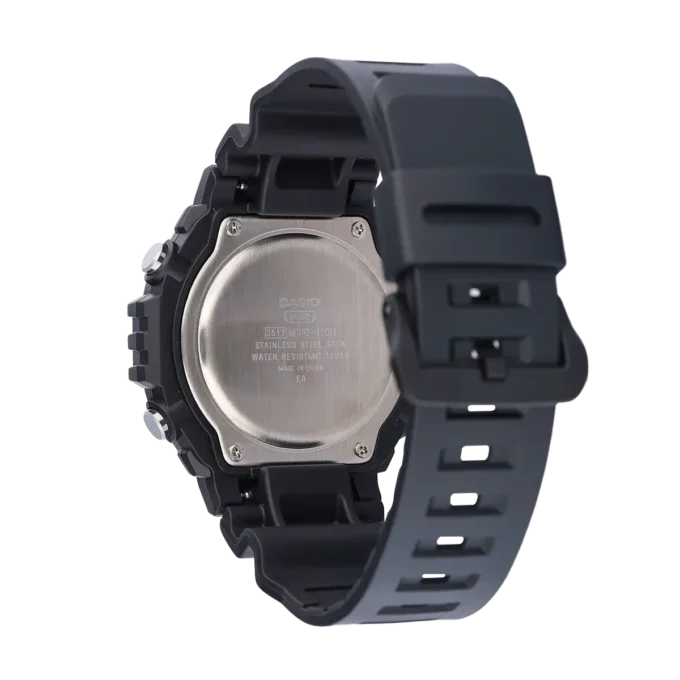 Montre Sport Homme Casio – Résine et Acier Inoxydable, Quartz Digital, Étanche 100m, Verre Résine, Lunette Noire Plaquée Ionique, Double Fuseau Horaire, Chronomètre 1/100s, Compte à Rebours 24h, Alarme Quotidienne, Rétroéclairage LED Ambre, Autonomie 10 Ans – MWD-110HB-1BVDF