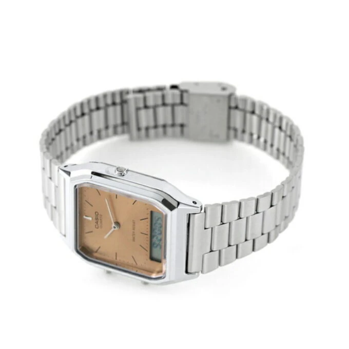 Montre Casio AQ-230A-4AMQYDF - Homme - Double affichage analogique et digital, Alarme, Chronomètre, Bracelet acier inoxydable - Couleur argentée - Référence AQ-230A-4AMQYDF