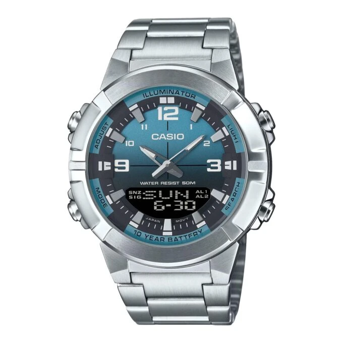 Montre Casio AMW-870DA - Homme - Heure mondiale, Chronomètre, Alarme, LED ambre - Acier inoxydable - Argent - AMW-870DA-2A2VDF