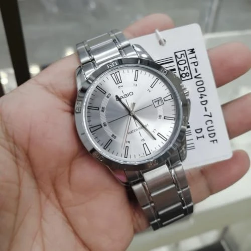 montre classique casio homme design Élégant, bracelet acier inoxydable, cadran blanc, résistante à leau métal argenté référence mtp v006d 7cudf