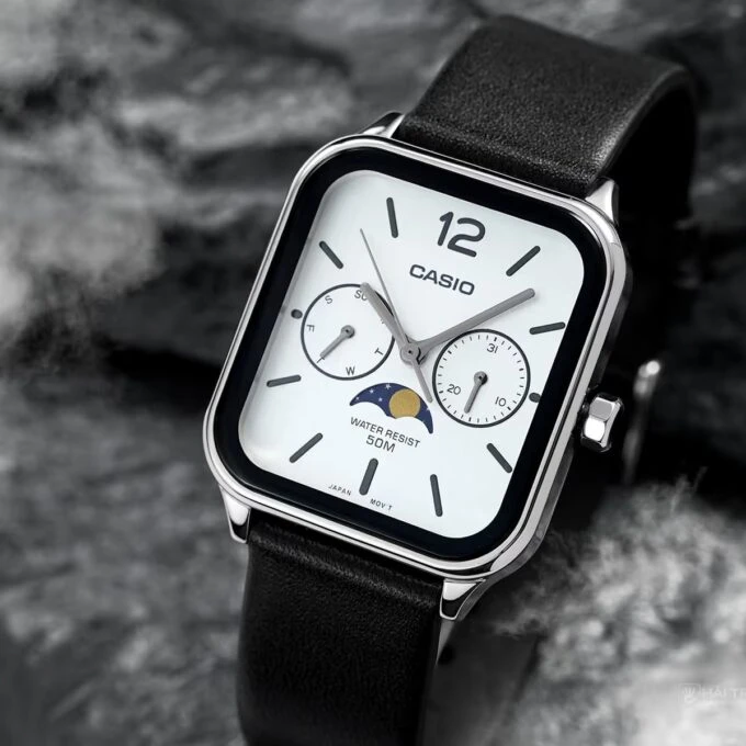 Montre Homme - Casio - Classique - Phase de Lune, Quartz, Étanche 50M, Cadran Blanc, Bracelet Cuir Noir - Référence MTP-M305L-7AVDF