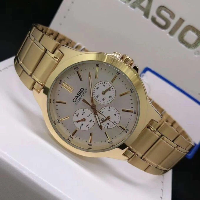 Montre CASIO Homme - Bracelet DoRée En Acier Inoxydable - Cadran Blanc - 12 Mois De Garantie - MTP-V300G-7AUDF