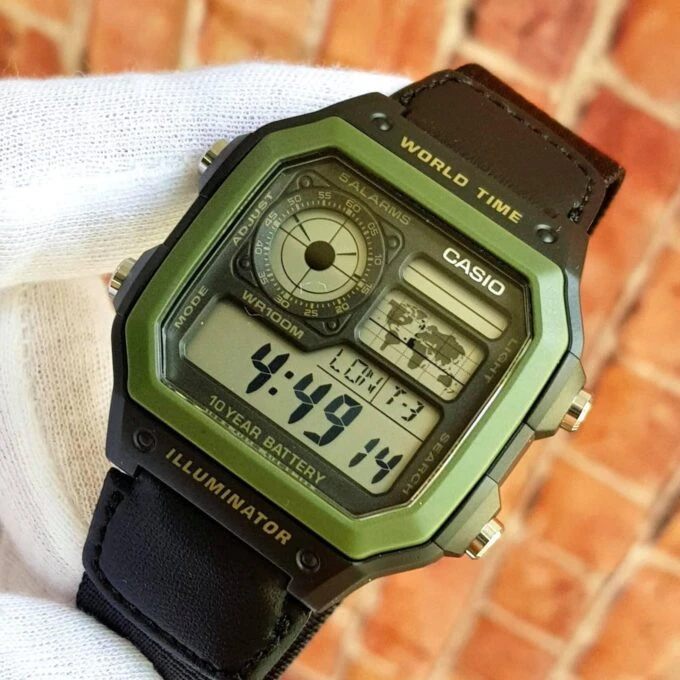 casio montre homme ae 1200whb 1bvdf bracelet en textile noir/vert affichage numérique résistant à l'eau