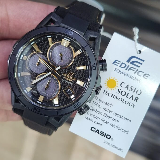 Montre Solaire Homme Casio EFS-S640ZE-1ADR – Chronographe Robuste, Boîtier Carbone/Acier/Aluminium, Verre Saphir Antireflet, Bracelet Alcantara, Etanche 100m