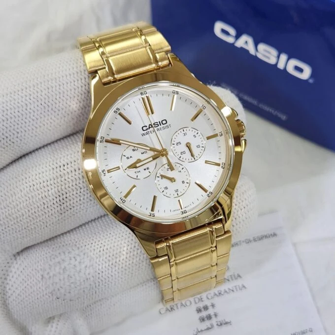 Montre CASIO Homme - Bracelet DoRée En Acier Inoxydable - Cadran Blanc - 12 Mois De Garantie - MTP-V300G-7AUDF