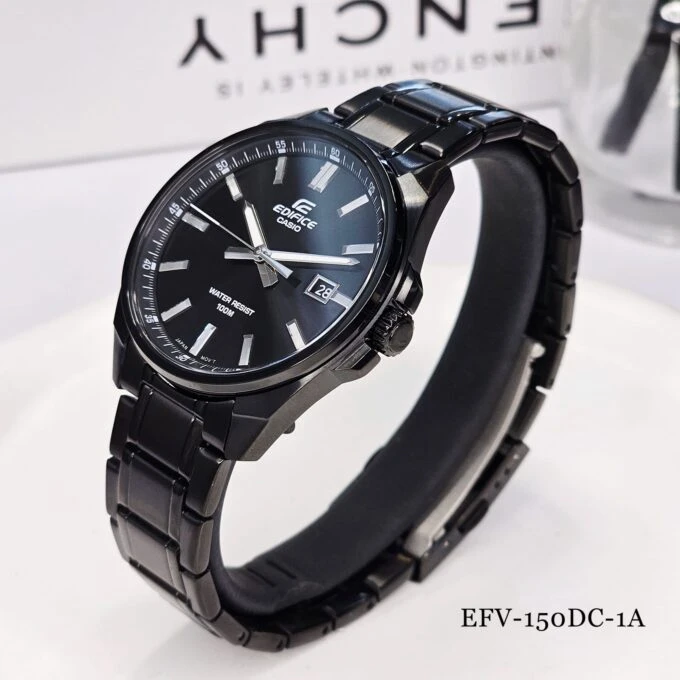 Montre Homme Casio EFV-150DC-1AVUDF – Acier inoxydable, bracelet et boîtier plaqué ion noir, verre minéral, étanche 100m, affichage analogique, date, précision ±20s/mois, 46,5×42,6×9mm, 113g