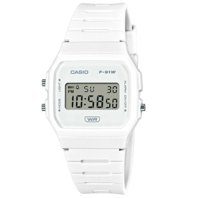 Montre Casio Unisexe F-91WB-7ADF - Chronomètre 1/100s, Alarme, LED verte, Bracelet résine biosourcée, Résistante à l’eau, Verre résine, 7 ans pile, Noir