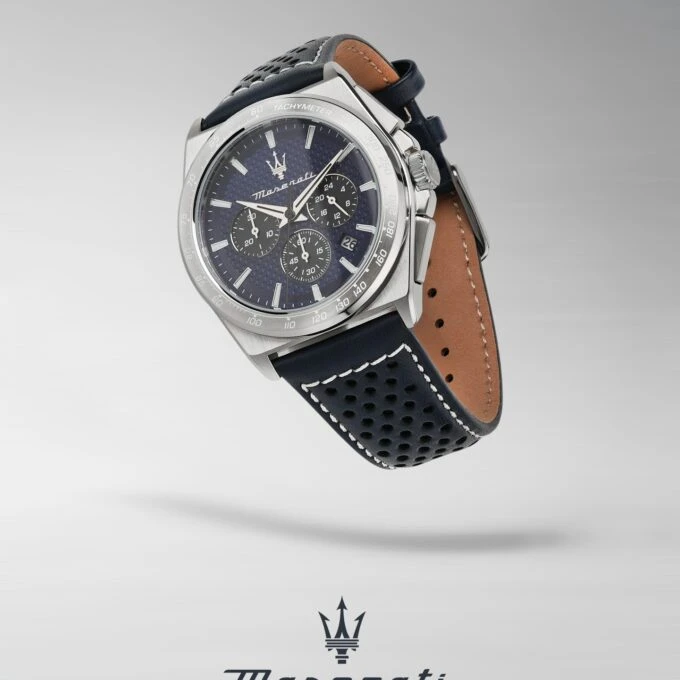 Montre Maserati Homme - Chronomètre - 1/1 seconde, 30 minutes - Calendrier - 43mm Étanche 100m - Cadran Bleu Bracelet Cuir - R8871652001