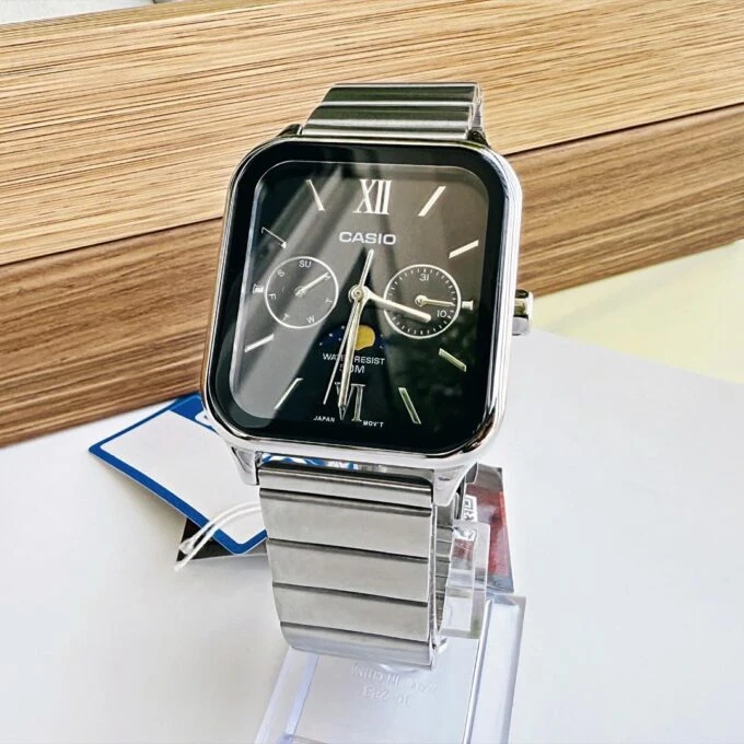 Montre homme Casio – Phases de lune, acier inoxydable, affichage analogique, étanche – Argenté – MTP-M305D-1A2V