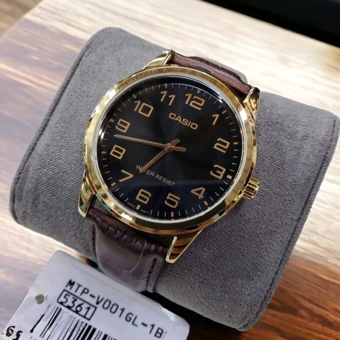Montre Homme Casio – Classique, Bracelet Cuir, Garantie 3 ans, Étanche, Dorée – Référence MTP-V001GL-1BUDF