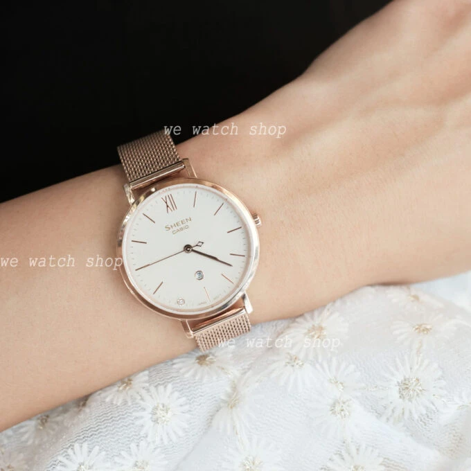 Montre Classique Femme - Casio Sheen SHE-4539CGM-4AUDF - Acier Inoxydable, Bracelet Maille, Rose Doré, Étanche - Boutique Aïwatch