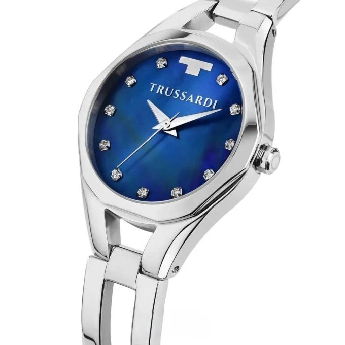 Montre Femme Trussardi Metropolitan, Acier Argenté, Cadran Bleu, 30mm, Etanche 50m, Style Classique – Réf. R2453159505