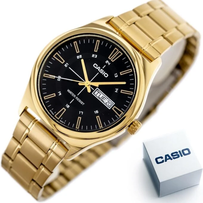 Montre Analogique Homme - Bracelet Acier Inoxydable Plaqué Or - Résistant à lEau - Affichage Jour et Date - Chronographe - Verre Minéral - Boîtier 45,1 mm - Fermoir Triple - MTP-V006G-1CUDF