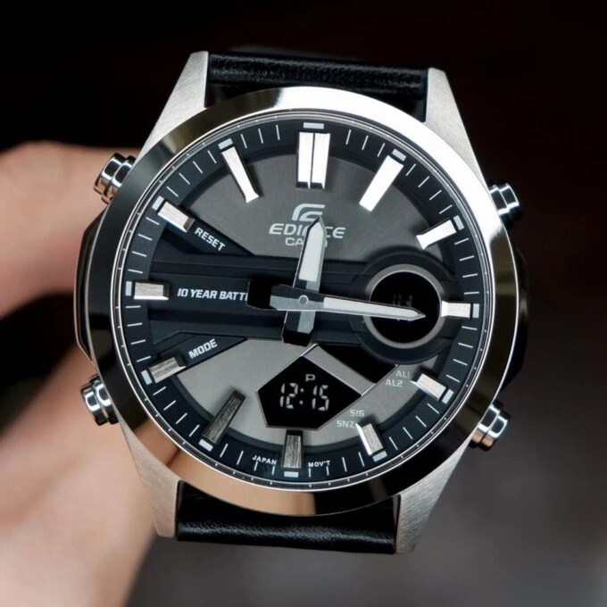 Montre Classique Homme - Casio EDIFICE - EFV-C120L-8ADF - Chronographe, Bracelet Cuir, Étanche 100m, Affichage Digital/Analogique - Noir Argent