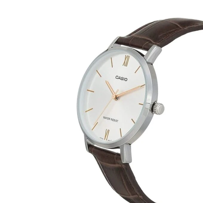 Montre CASIO Femme - LTP-VT01L-7B2UDF - Bracelet Marron En Cuir Véritable - Cadran Blanc - 12 Mois De Garantie