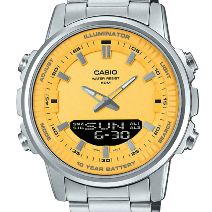 Montre Casio AMW-880D-9AVDF - Homme - Chronomètre 1/100s, Heure mondiale 29 fuseaux, Alarme, Étanche 50m - Acier inoxydable - Argenté - Réf AMW-880D