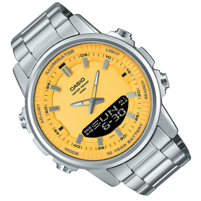 Montre Casio AMW-880D-9AVDF - Homme - Chronomètre 1/100s, Heure mondiale 29 fuseaux, Alarme, Étanche 50m - Acier inoxydable - Argenté - Réf AMW-880D