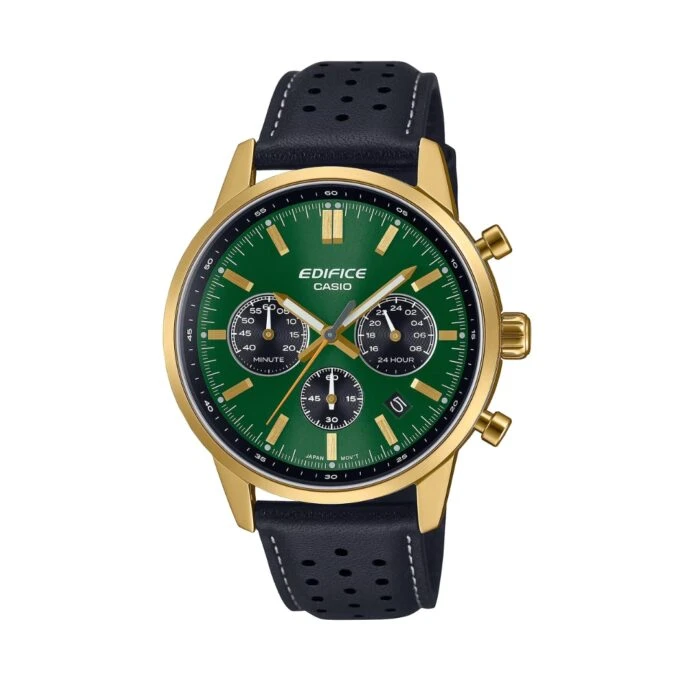 Montre homme EFR-575CL-3ADF Casio – Chronomètre, étanche 100m, boîtier acier inoxydable plaqué or, bracelet cuir, verre minéral sphérique – Vert – Référence EFR-575CL-3ADF