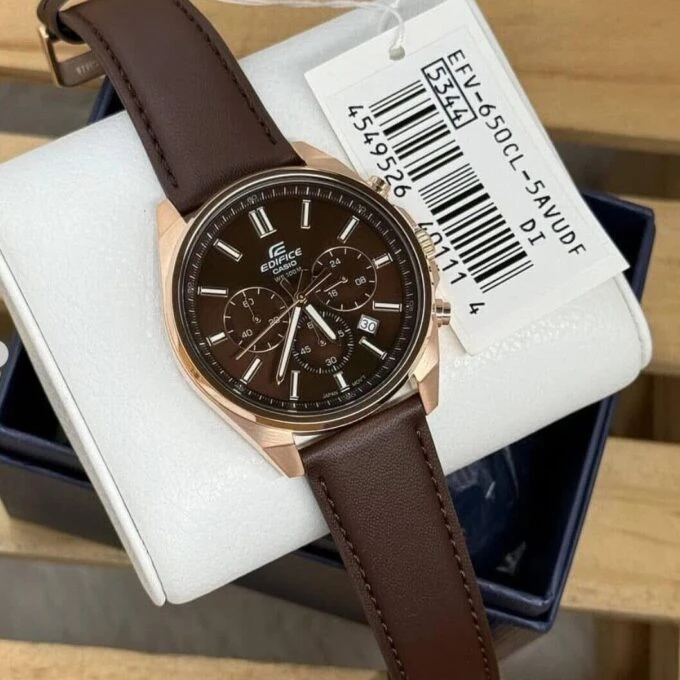 Montre Classique Homme EFV-650CL-5AVUDF - Casio - Chronomètre, Étanchéité 100m, Bracelet cuir véritable, Boîtier acier inoxydable - Plaqué or rose - Ref. EFV-650CL-5AVUDF