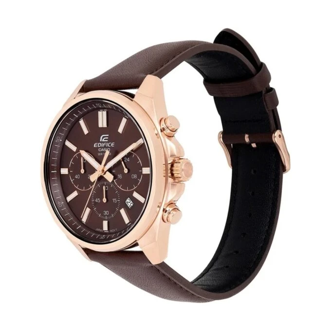 Montre Classique Homme EFV-650CL-5AVUDF - Casio - Chronomètre, Étanchéité 100m, Bracelet cuir véritable, Boîtier acier inoxydable - Plaqué or rose - Ref. EFV-650CL-5AVUDF