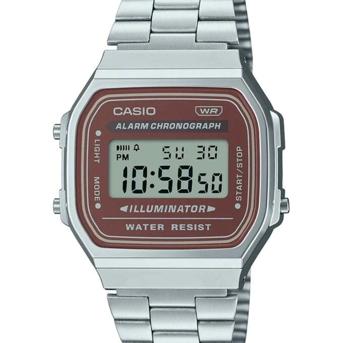 montre classique homme casio a168wa 5aydf bracelet acier inoxydable, affichage digital, rétroéclairage led, Étanche argent référence a168wa 5aydf
