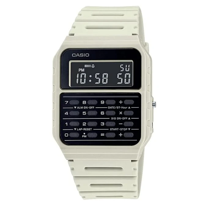 montre calculatrice casio ca 53wf 8bdf unisexe quartz, double fuseau horaire, alarme, chronomètre résine blanc ca 53wf 8bdf
