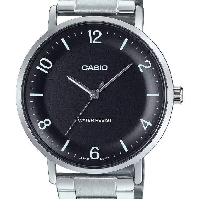 Montre Analogique Casio Pour Homme, Minimaliste, Bracelet en Acier Gris, Cadran Noir Concave, 3 Aiguilles - MTP-VT03D-1BDF