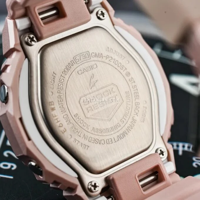 Montre Classique - Casio G-Shock Femme - Résistante aux Chocs, Étanche 200M, Double LED, Design Rose Nacré - Résine Biosourcée - GMA-P2100ST-4ADR