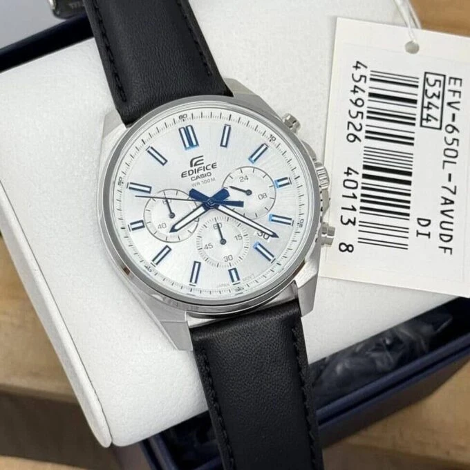 Montre Classique EFV-650L-7AVUDF - Casio EDIFICE - Acier Inoxydable, Bracelet Cuir, Verre Minéral, Résistance à l’Eau 100 m, Autonomie 2 ans, Chronographe, Affichage Date, Fermoir Triple Sécurité, Référence EFV-650L-7AVUDF