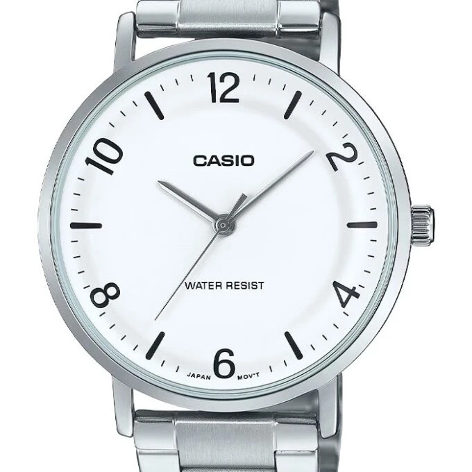 Montre Analogique Casio Pour Homme, Minimaliste, Bracelet en Acier, Cadran Blanc Concave, 3 Aiguilles - MTP-VT03D-7BDF