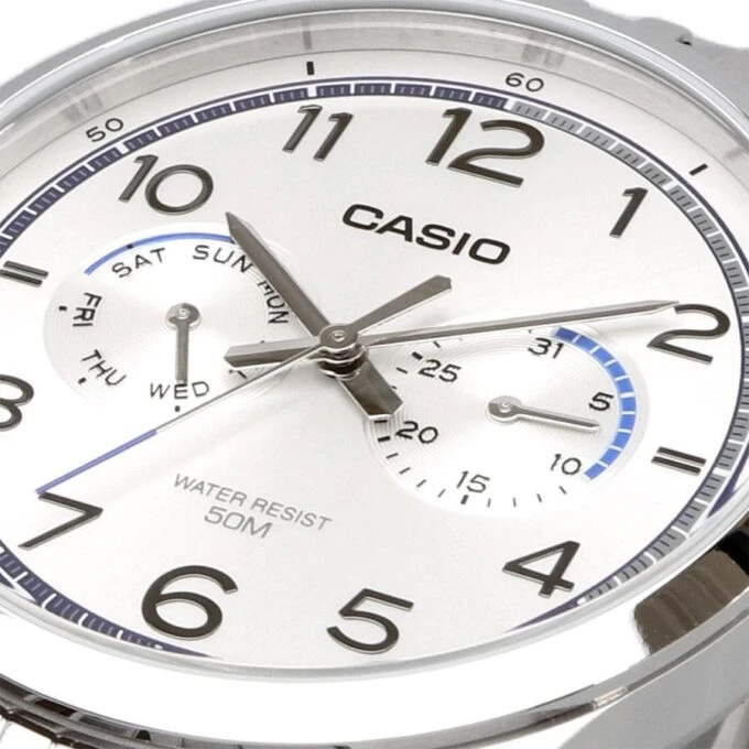 Montre Classique Homme - Casio - Acier Inoxydable, Quartz, Étanche 50m, Bracelet Métal, Cadran Argenté - Référence MTP-E340D-7AVDF